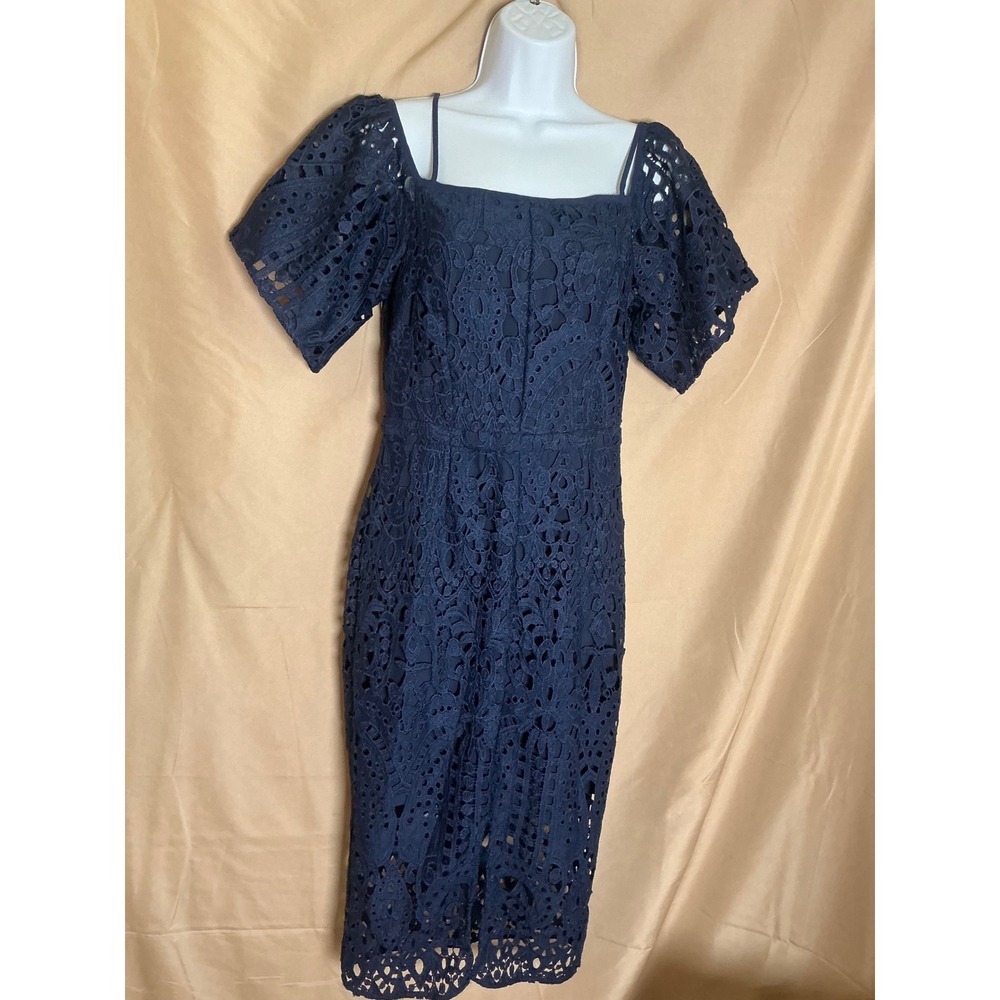 Lace Midi Dress Women 6  Navy Blue Excellent Cold Shoulder Puff Sleeve Square - Picture 3 of 13
